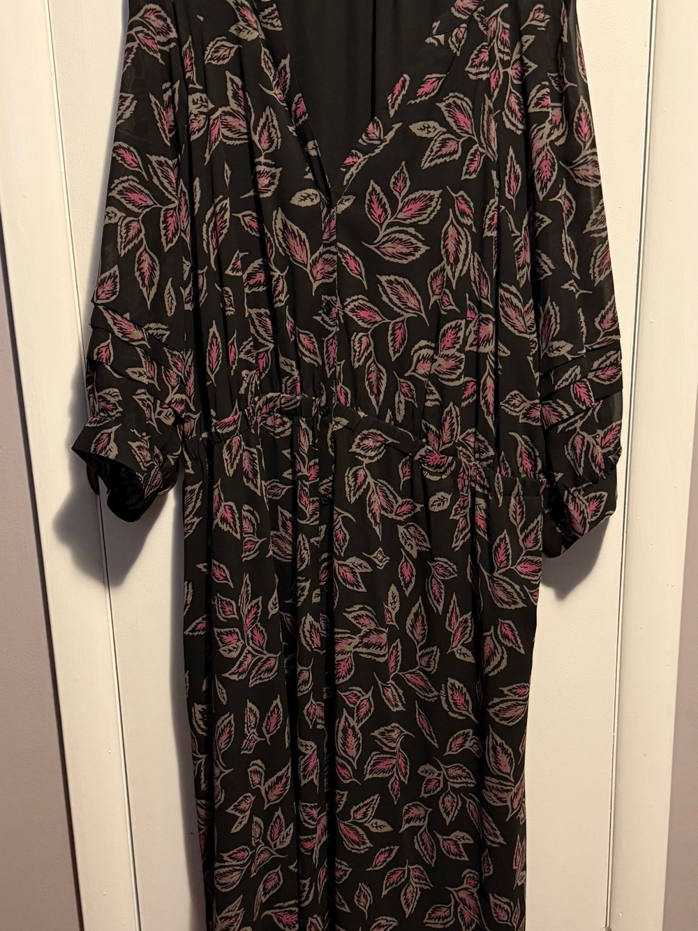 Reitmans Black Maxi Dress with Pink and Cream Leaf Print